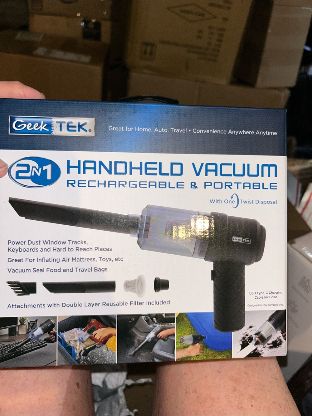 Geek Tek 2-in-1 Rechargeable Handheld Vacuum - Black/Clear